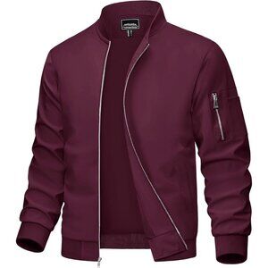 🆕 Men Red Bomber Jacket Lightweight Casual Windbreaker Full Zip Spring Coat